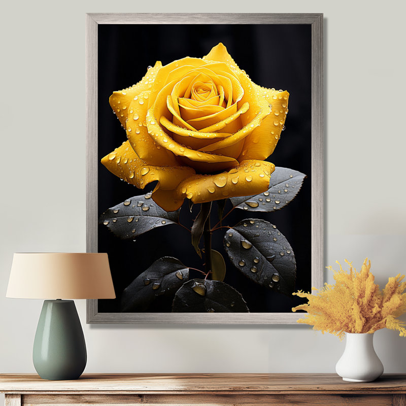 Danail, jaune, noir, rose, élégance III - fleurs, art mural, Toile tendue, H 40 po x l 30 po x P 1,5 po