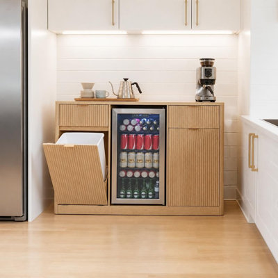 59" Coffee Bar Cabinet with Mini Fridge Space, Trash Compartment, Charging Station & Wine Glass Holder