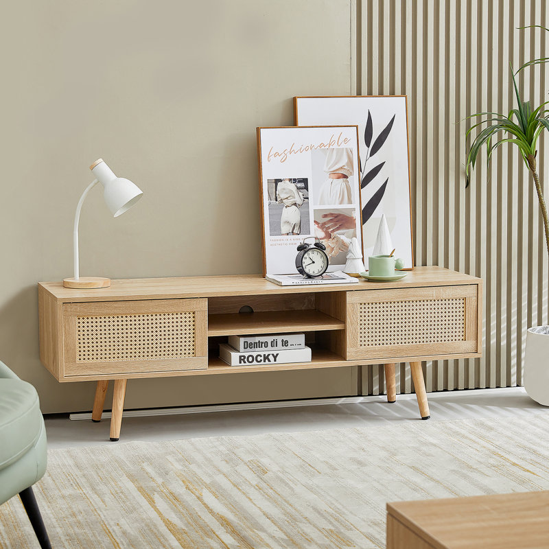 55.12" TV Cabinet With Adjustable Shelf, Solid Wood Legs, TV Console For Living Room, Natural