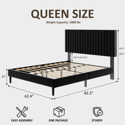 Queen Size Bed frame, Velvet Upholstered Platform Bed with Height-Adjustable Headboard, Sturdy Frame and Alats, Quiet Design