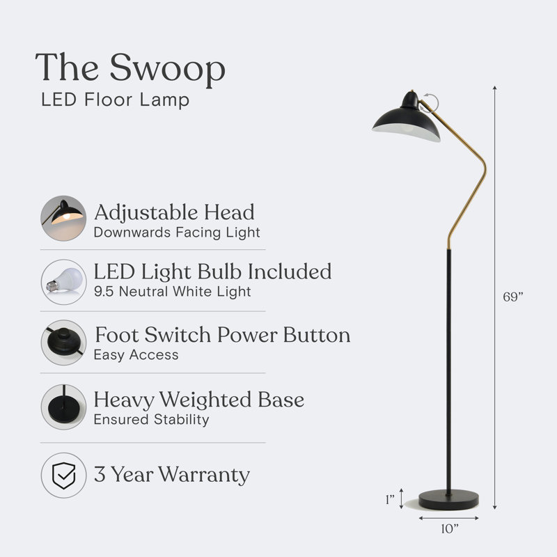 Arcadian Swoop Adjustable Black LED Floor Lamp for Kids