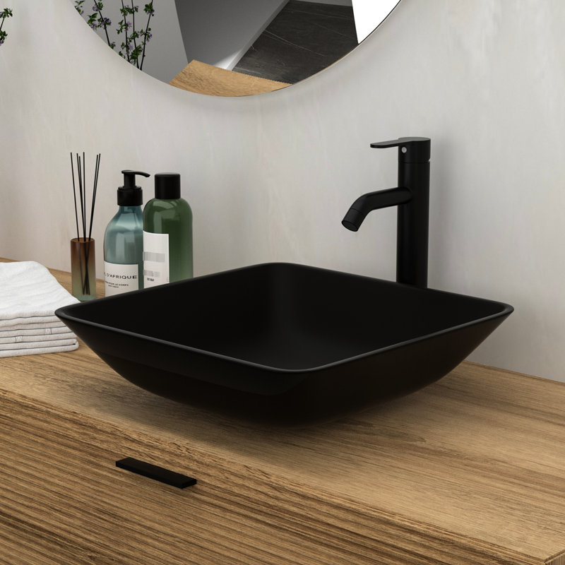 Lavabo de salle de bain moderne noir mat - vasque en verre trempé et robinet avec bonde escamotable