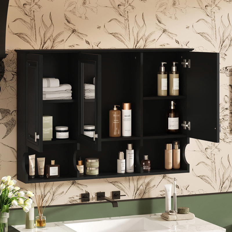 Armoire à pharmacie de 41 pouces avec miroir mural, 3 portes, tablettes réglables et rangement pour le salon
