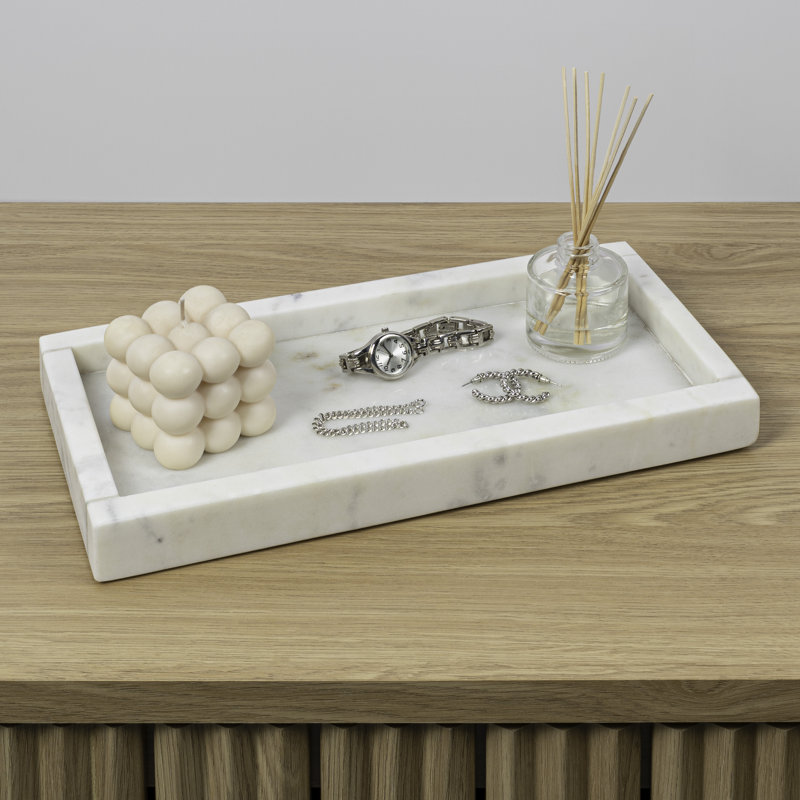 Luxe Stone 12" x 6" Classic Minimalist Rectangular Marble Bathroom Countertop Tray, White Marble
