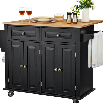 Mobile Kitchen Island Cart With Drawer And Shelf Organization - Solid Rubberwood , , 2 Drawers, 4 Cabinet Doors, Adjustable Shelves, Towel Spice , Fou