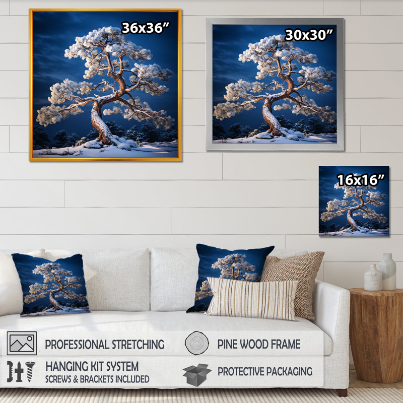 Bonsai pureté en hiver sur toile, Cadre simple noir, H 16 po x l 16 po x P 1 po