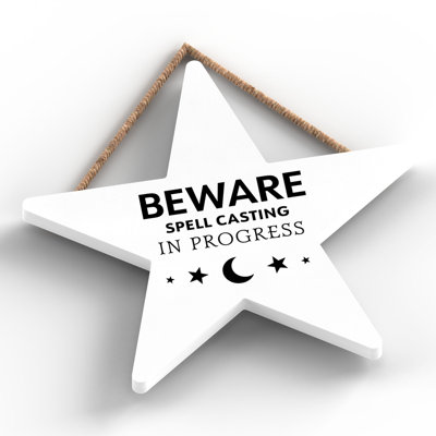 Witch Beware Spell Casting Wooden Star Plaque