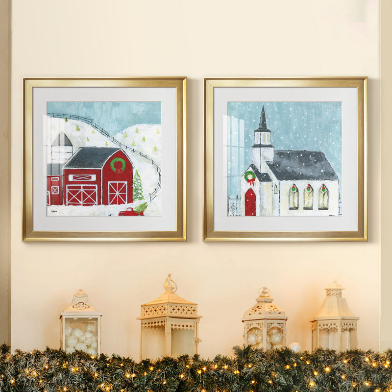 Christmas Barn - ensemble d'impressions 2 pièces, H 17,5 po x l 35 po x P 1,5 po, Papier encadré doré, Blanc