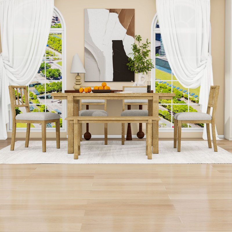Ensemble de table de salle à manger 6 pièces, table de salle à manger avec banc et chaises rembourrées double style