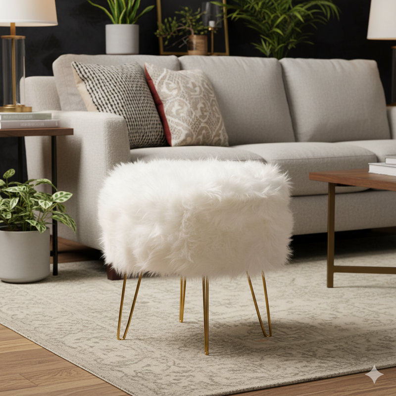 48cm Tall Faux Fur Ottoman Stool for Bedroom Furniture, Modern Stool with Stainless Steel Base