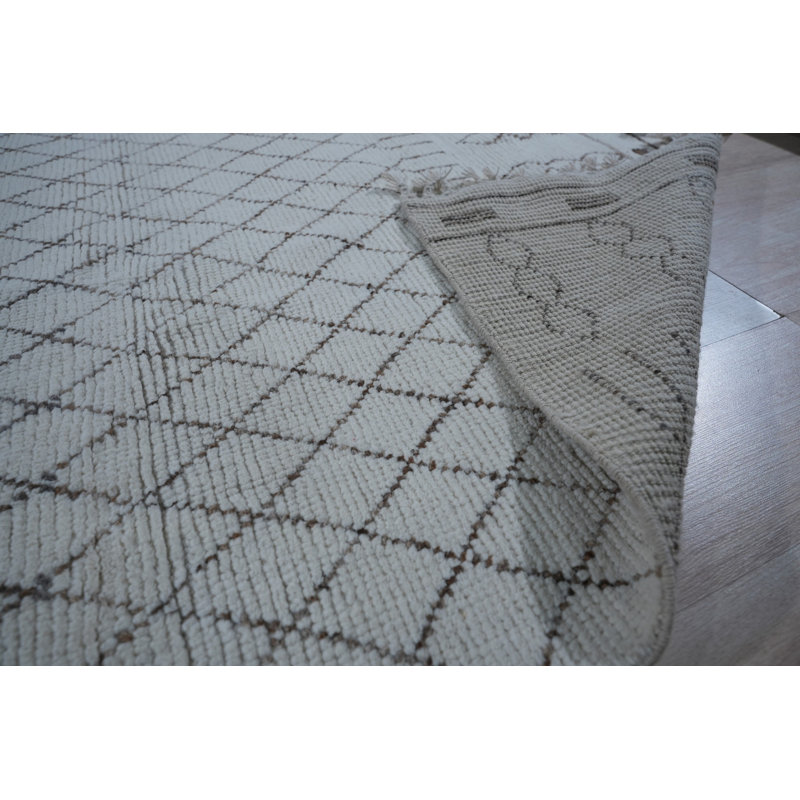 Ivory Hand-Knotted Wool Diamond Lattice Geometric Modern Contemporary Carpet Rug, 4' x 6'