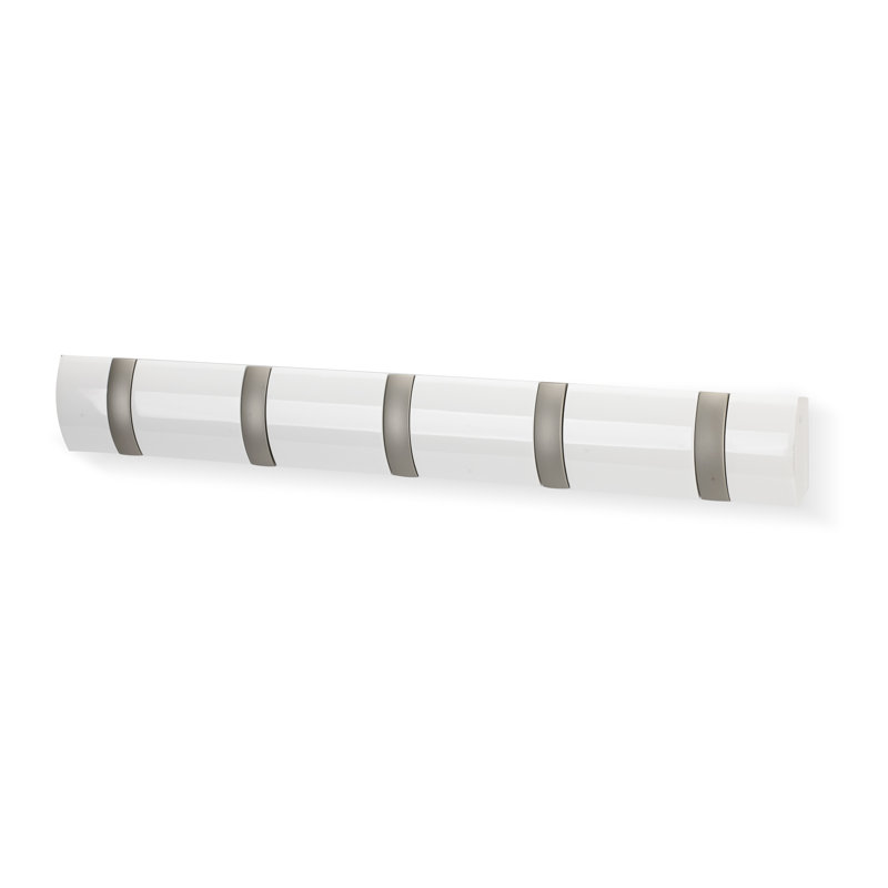 Flip 5-Hook Wall-Mounted Coat Rack, Solid Wood with Flip-Down Hooks for Entryway, Bedroom, Office, White