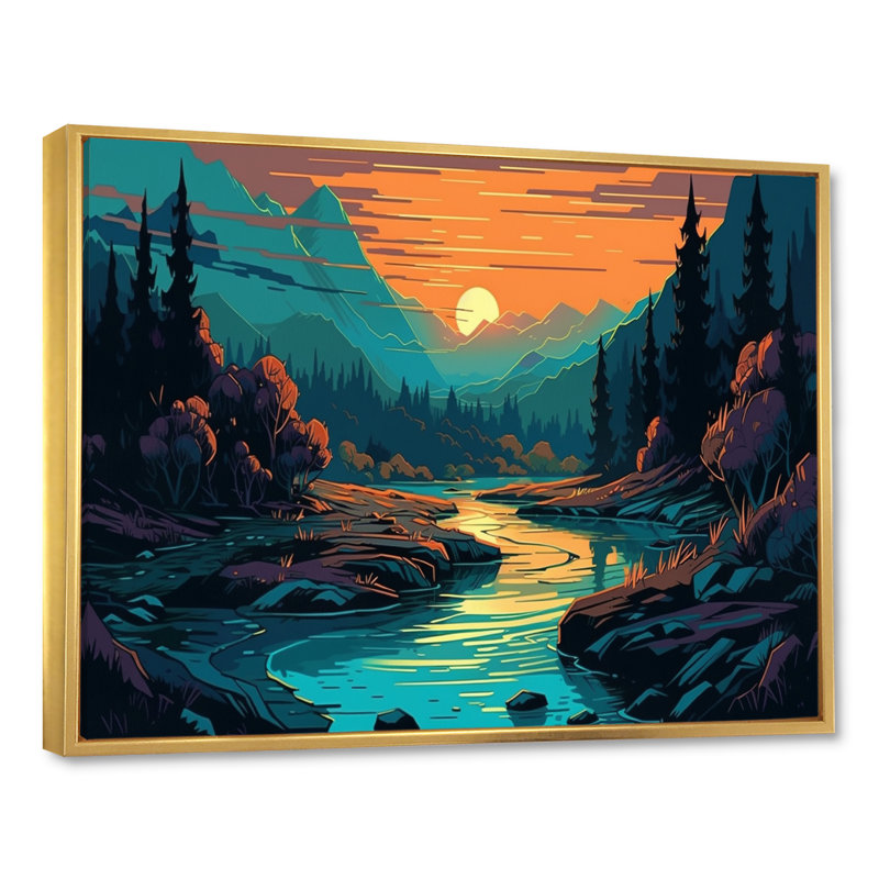 «Vibrant Forest with Sunrise II», reproduction, H 12 po x l 20 po x P 1 po, Cadre flottant doré