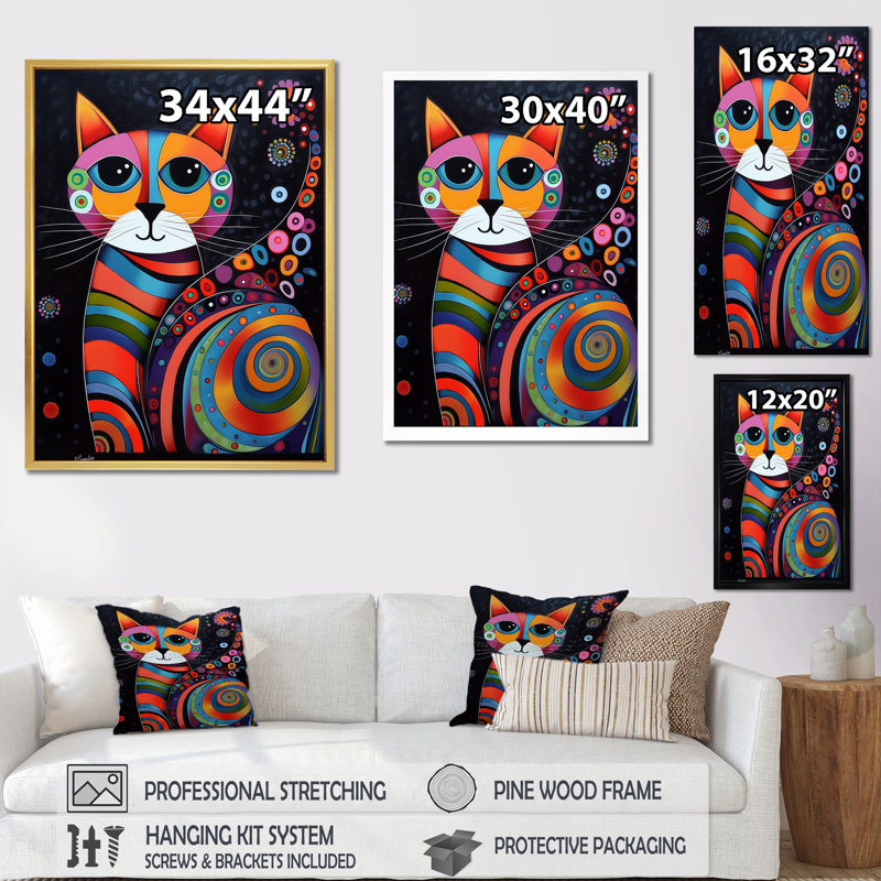 Portrait coloré d'un chat mignon - reproduction sur toile, H 32 po x l 16 po x P 1 po, Toile tendue