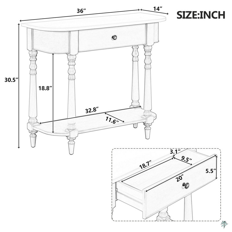 Narrow Console Table With Curved Corner And Top Drawer And Open Shelf, White, White