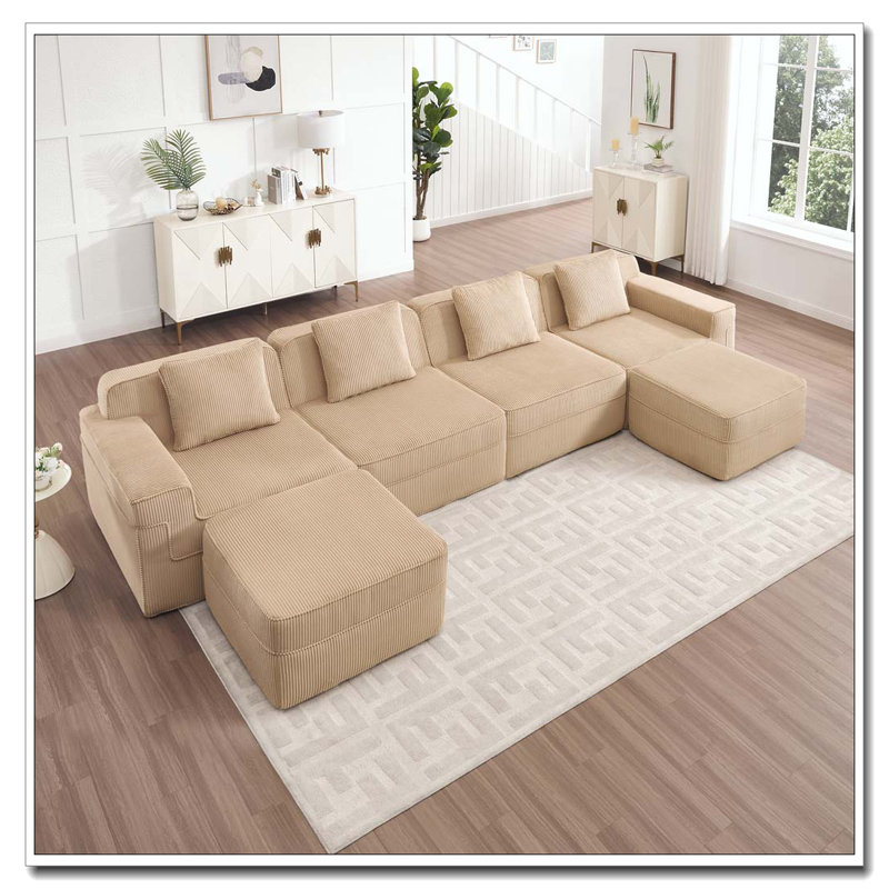 Canapé modulaire 4 places en forme de U sans os, canapé modulaire Cloud avec assise profonde, canapé modulaire moderne 4 places avec coussins décoratifs et 2 repose-pieds mobiles