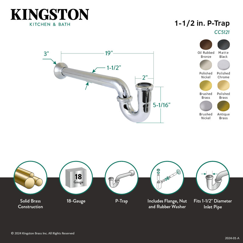 Kingston Brass Vintage 1-1/2 Inch Decor P-Trap with Bell Flange, 19 Inch Length, 18 Gauge, Antique Brass