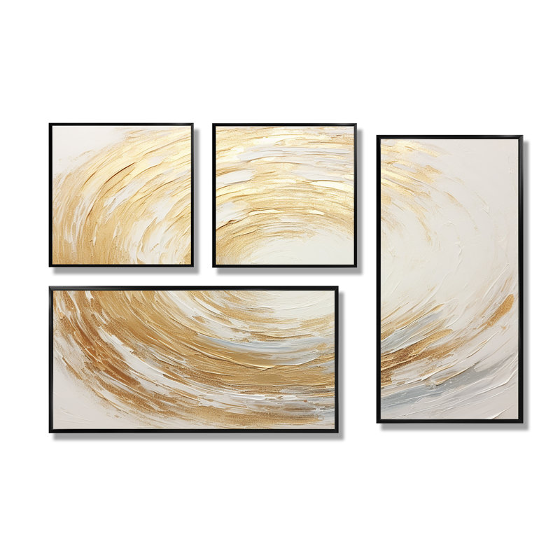 Vortex doré doux et doré - Art moderne sur toile, 4 pièces, Impression encadrée sans passe-partout, Noir