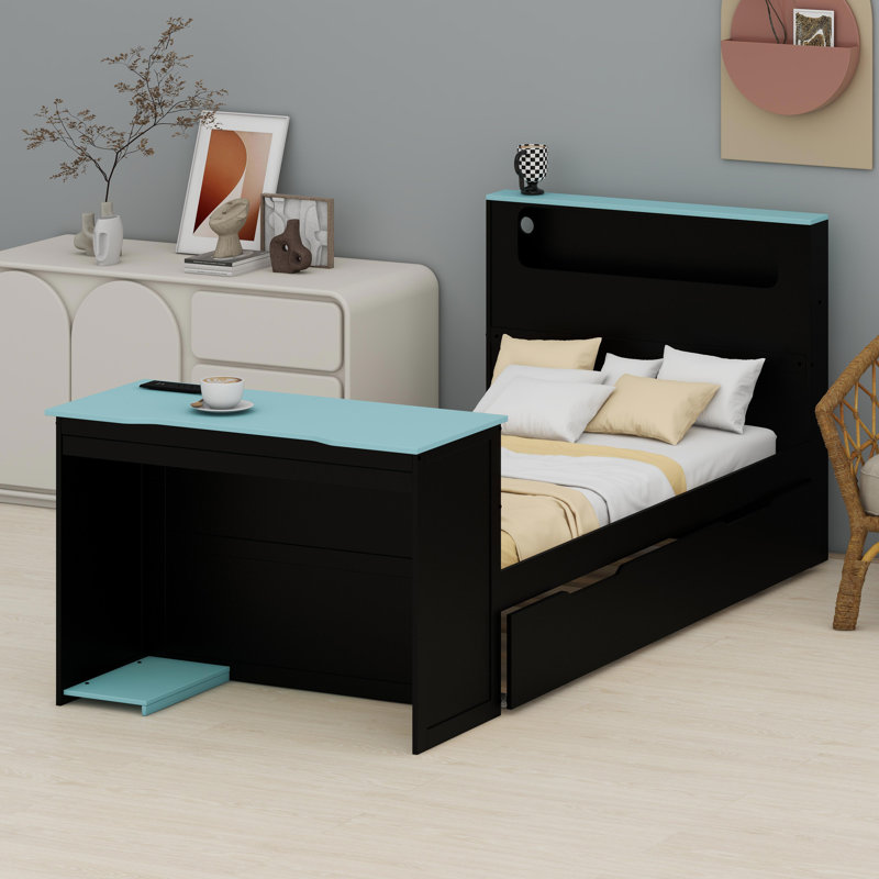 Lit de détente tout-en-un avec lit gigogne rétractable, bureau d'étude, bande à DEL intelligente et prises de courant USB