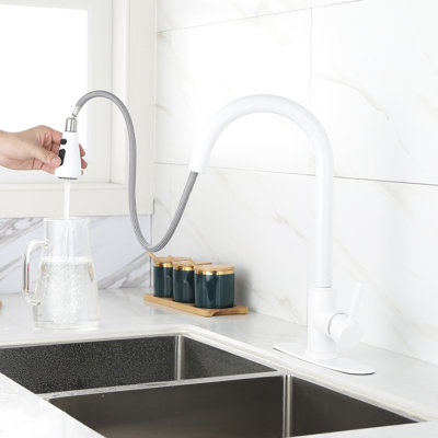 Modern Kitchen Faucet In White Stainless Steel, Pull Out Spray For Versatile Needs, 360 Rotating Nozzle, Two Water Output Options, Easy Single Operation Steel Faucet, Pull-Out Stylish And Functional