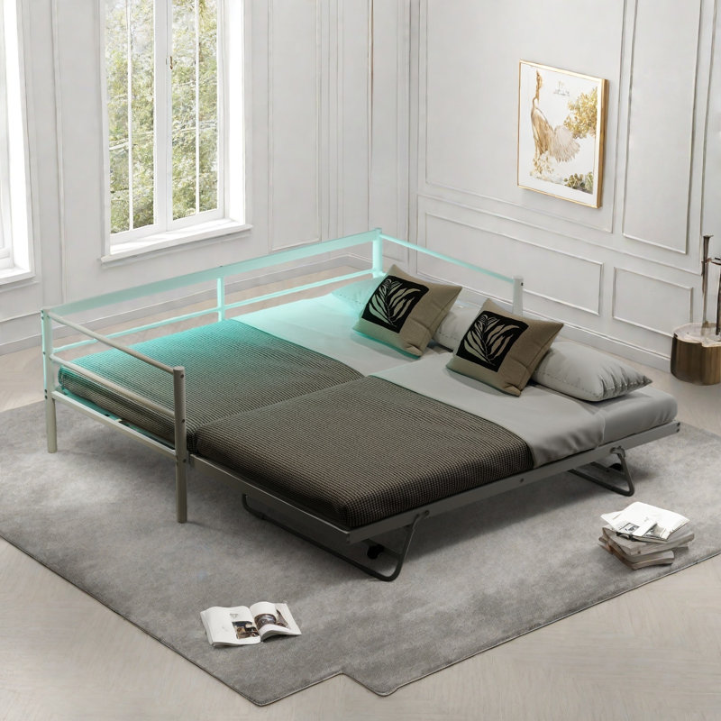 Metal Daybed With Led And Adjustable Trundle, White