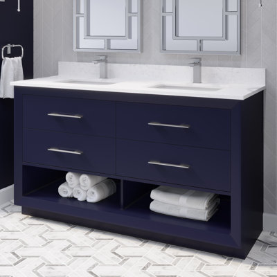 Ensemble de meuble-lavabo à double cuve en bois massif l 60 po x H 22 po x H 35 po avec rangement pour tiroir Rio, comptoir en pierre reconstituée, lavabo en céramique encastré, compartiment inférieur ouvert (bleu marine)