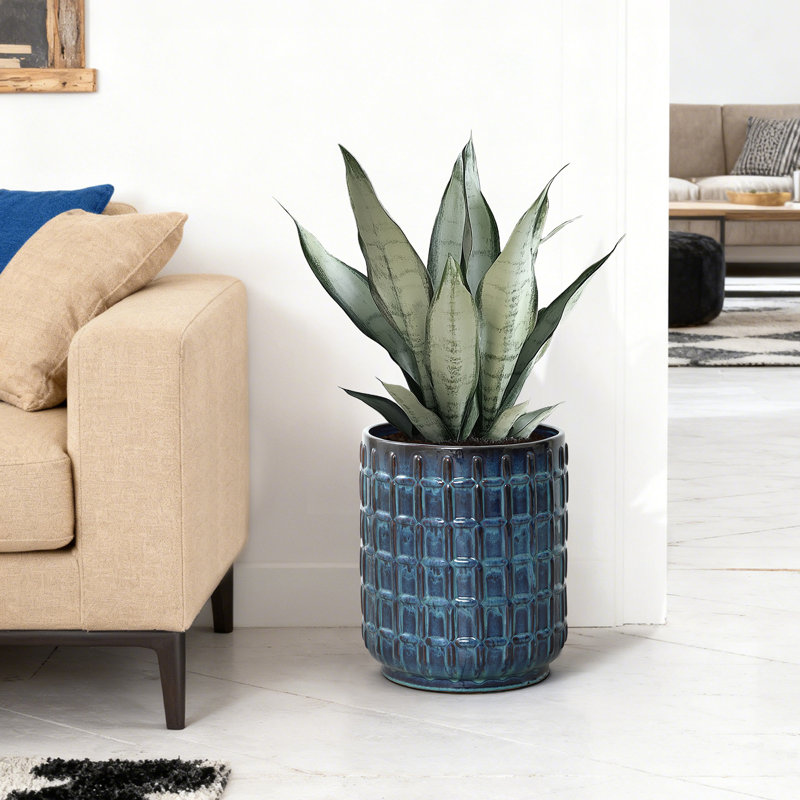 Blue Ceramic Plant Pot, 14" Tall Round Weave-Pattern Planter, Blue