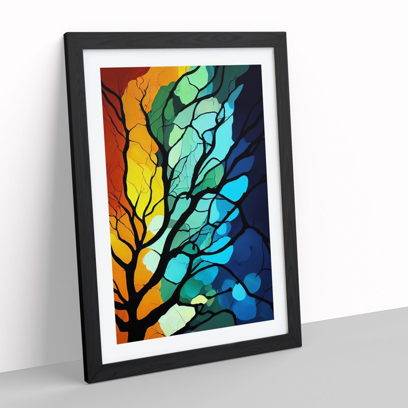 Colourful Abstract Tree No.5 - Wall Art, Black Framed, 66cm H x 48cm W x 2cm D, White