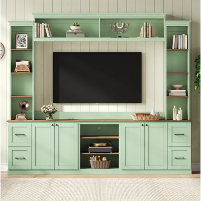 Mint Green Farmhouse 4-in-1 Entertainment Center Wall Unit for TVs Up to 70", Large Retro Media TV Stand with Walnut Adjustable Shelves, Bookshelves & Drawers for Living Room