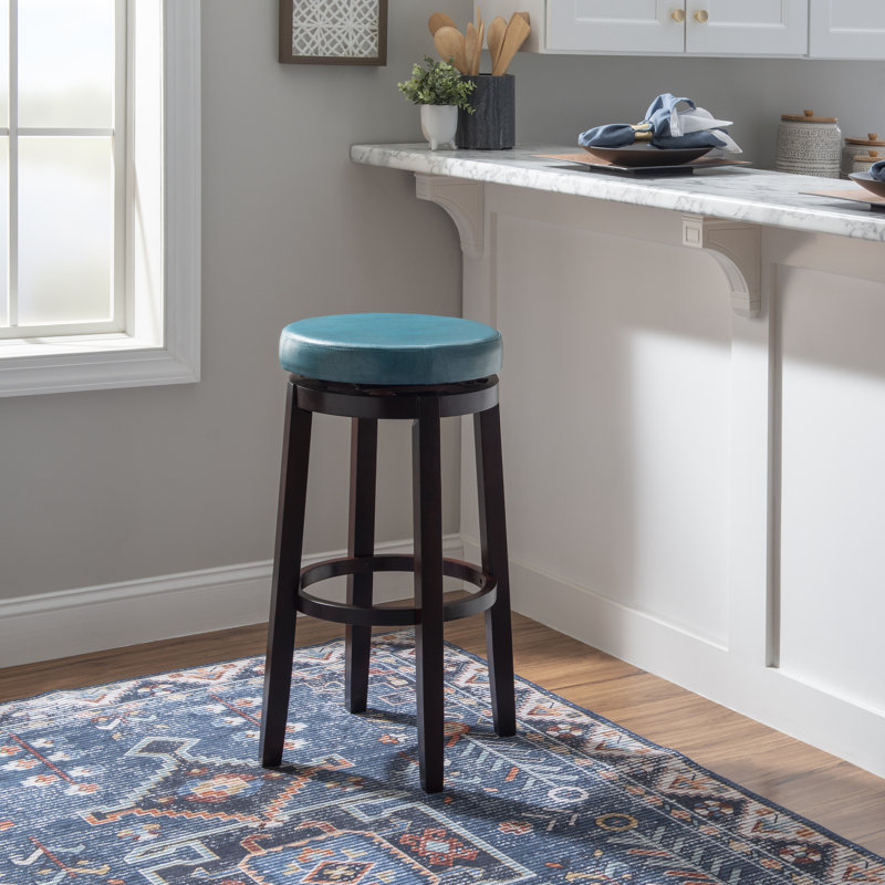Tabouret rembourré pivotant avec structure en bois massif Baylis, Similicuir - bleu sarcelle