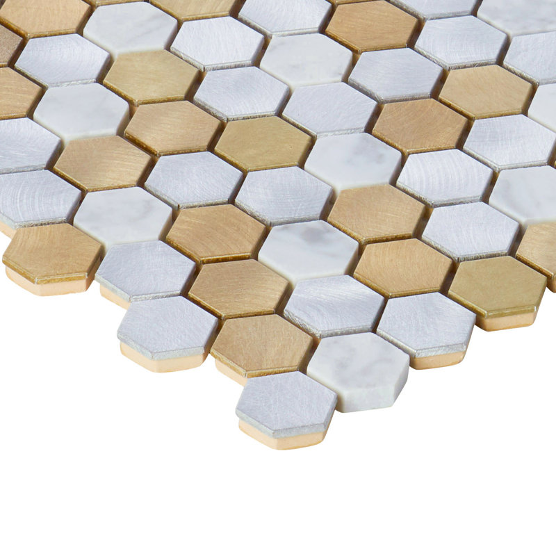 White Calacatta Marble Champagne Gold Metal Aluminum 1" Hexagon Mosaic Sheet Tile By Modket, Beige