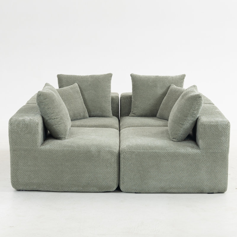 Modular Sectional For Living Room, Full-Foam Build, Textured Light Green Upholstery, Compact Compressed Package, Simple Assembly, Overall 111"X74"X24", 37" Module Size-Light Green