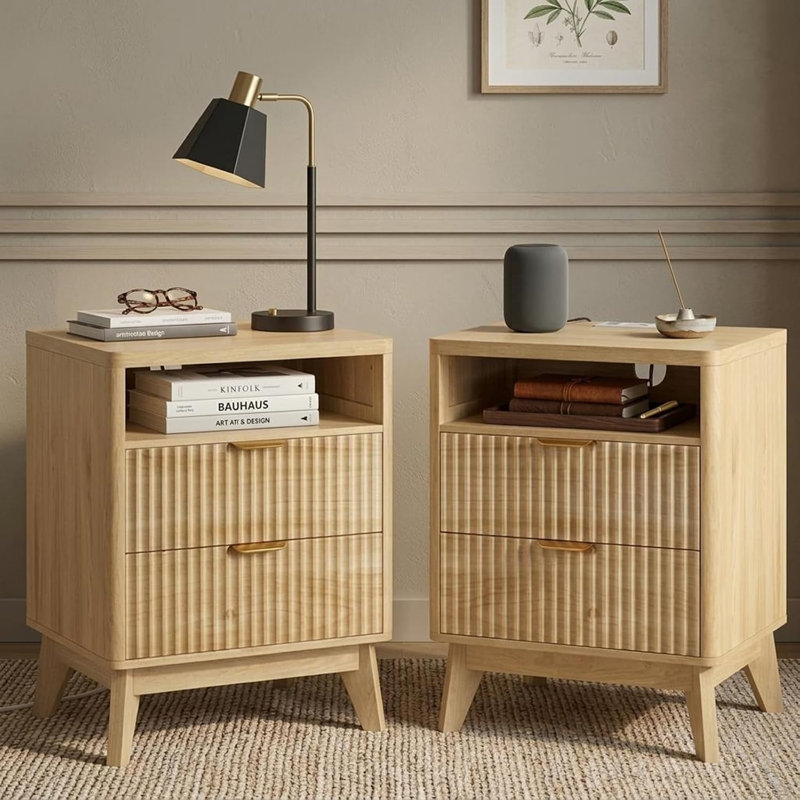 Ensemble de 2 tables de chevet cannelées avec station de charge, tables de chevet à 2 tiroirs avec tablette ouverte, 2 ports USB et 2 prises de courant alternatif