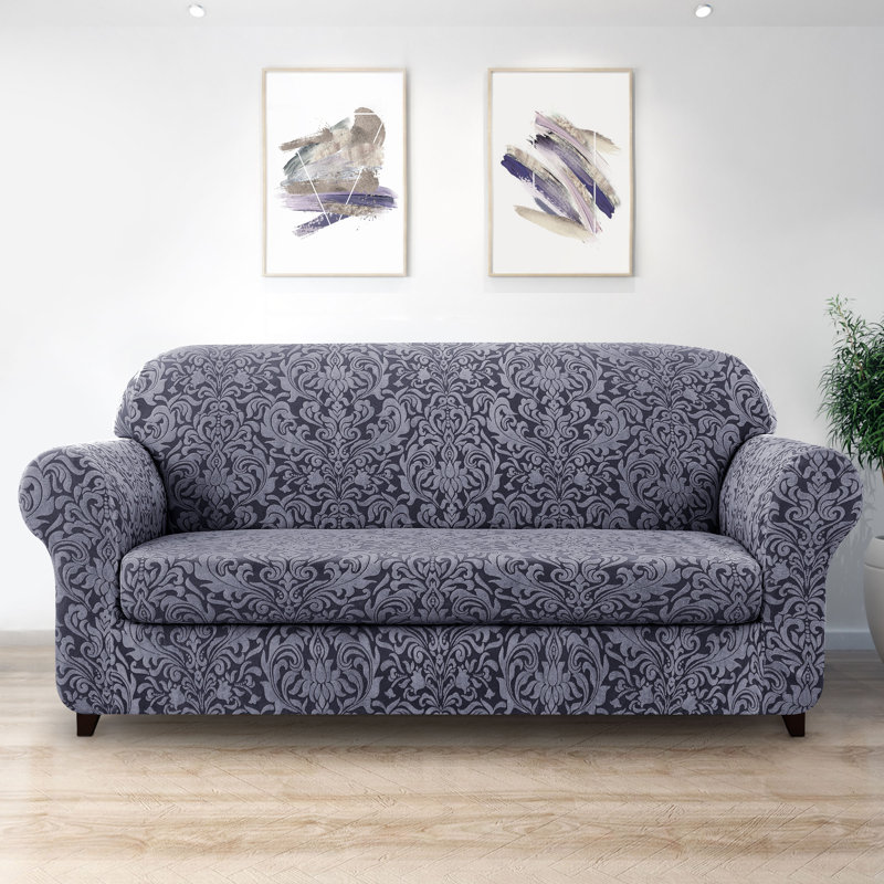 Housse pour canapé Stretch Damask, Mélange de polyester bleu grisâtre, H 41 po x l 92 po x P 42 po