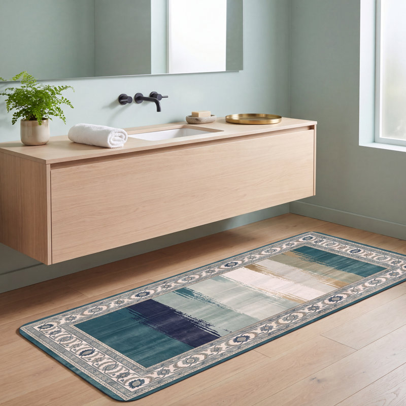 Tapis Devereux moderne à rayures effet pinceau bleu sarcelle et blanc, lavable à la machine, antidérapant, à poils courts, pour l'intérieur et l'extérieur, adapté aux animaux domestiques, idéal pour le salon, la chambre, la salle à manger, l'entrée, le couloir ou le bureau.