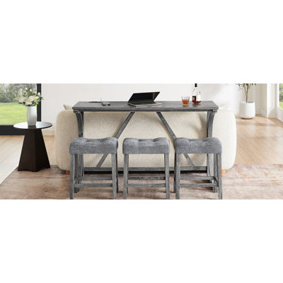 Table de bar et chaise de 59 pouces avec prises de courant alternatif, 3 chaises rembourrées en lin, pour le salon - Stable, facile à nettoyer, salle à manger avec charge intégrée de 59 po, structure Scratch 4 pièces
