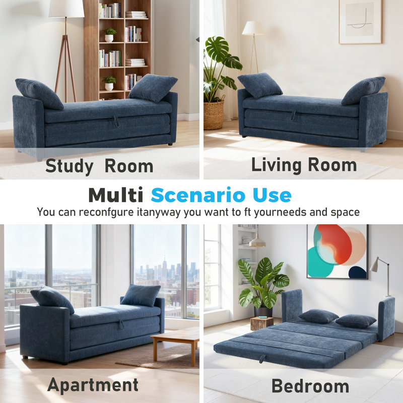 Boneless Azareu Convertible Sofa Bed, Modern Loveseat Sleeper with Pull Out Bed, Folding Floor Couch with 2 Pillows, Navy