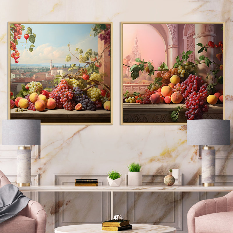 Ensemble de 2 collages carrés de fruits, Cadre flottant brun, H 30 po x l 61 po