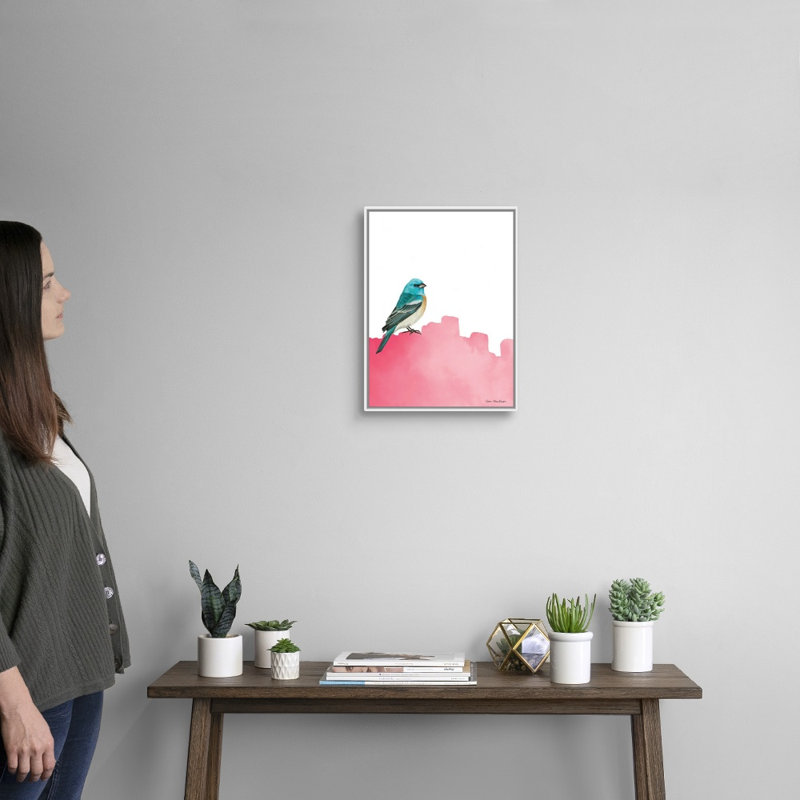 Oiseau sur Rose-reproduction d’art sur toile, Cadre blanc, H 18 po x l 14 po x P 1,75 po