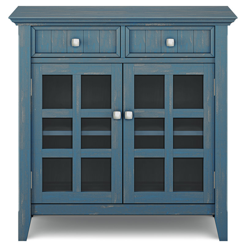 Acadian 36"W Solid Wood 2-Shelf Entryway Storage Cabinet with Glass Doors and 2 Drawers, Blue