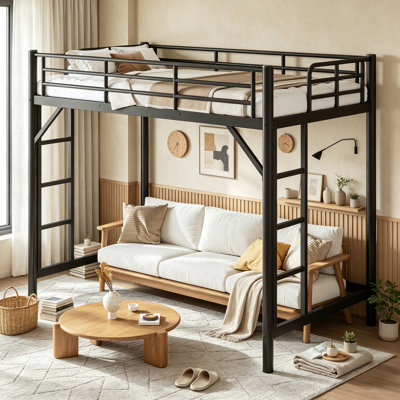 Cadre de lit mezzanine en métal robuste avec deux échelles latérales, idéal pour une chambre ou un dortoir. Lit mezzanine haut avec espace de rangement sous le lit, parfait pour les petits appartements. Taille Twin XL, noir.