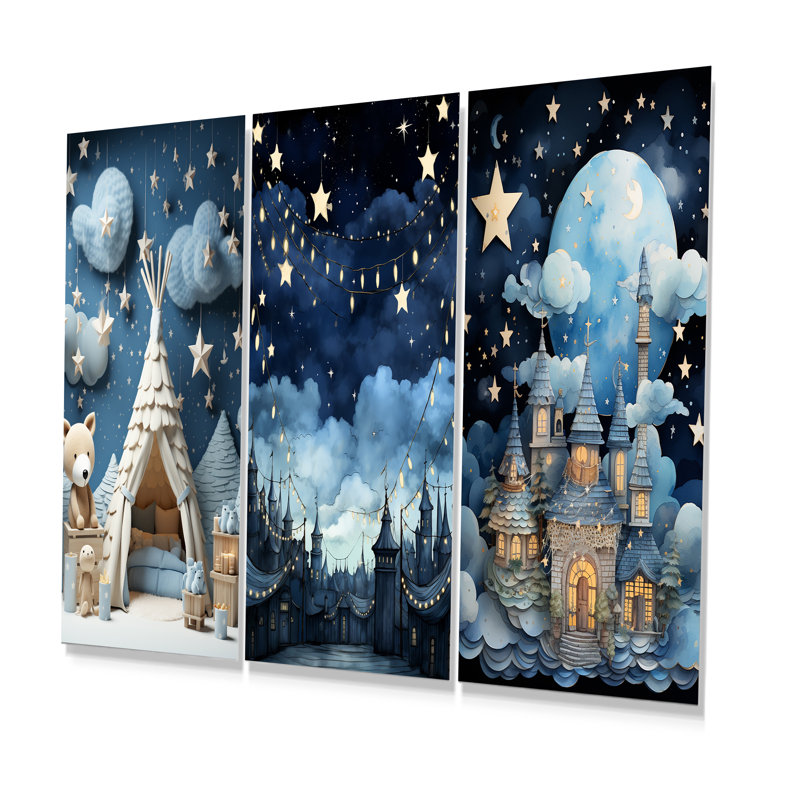 «Child Nursery Starry Night I», ensemble d'art mural en métal 3 pièces, H 28 po x l 36 po