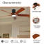 Ventilateur de plafond de 60 po avec éclairage, plafonnier encastré, 5 pales en bois massif, moteur CC réversible silencieux, application et télécommande, DEL à spectre complet à intensité variable, pour salon ou chambre à coucher de 20 pi x 20 pi, conception de plafond sans pente