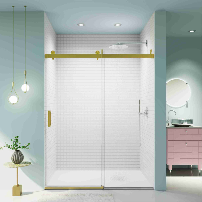 Frameless Single Sliding Soft Close Shower Door, Brushed Gold