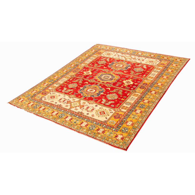 Tapis rouge en laine noué à la main de conception unique 8 pi 10 po x 12 pi Hearman