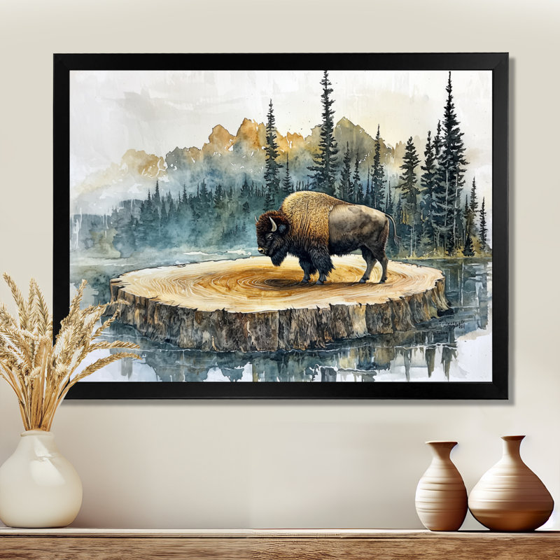 Bison américain dans un paysage d'été I - Bison, art mural, H 30 po x l 40 po, Cadre simple, Noir