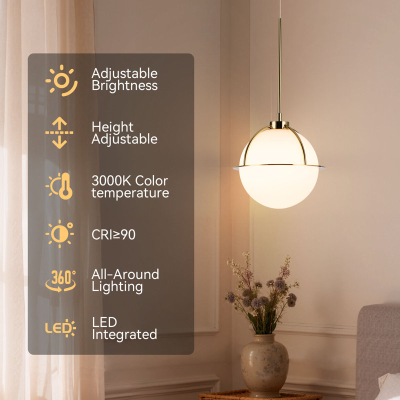 Nacre - Light 6.9” LED Single Globe Dimmable Pendant Light with Frosted Glass & Polished Brass Accent, 135" Height Adjustable Kitchen Island Pendant