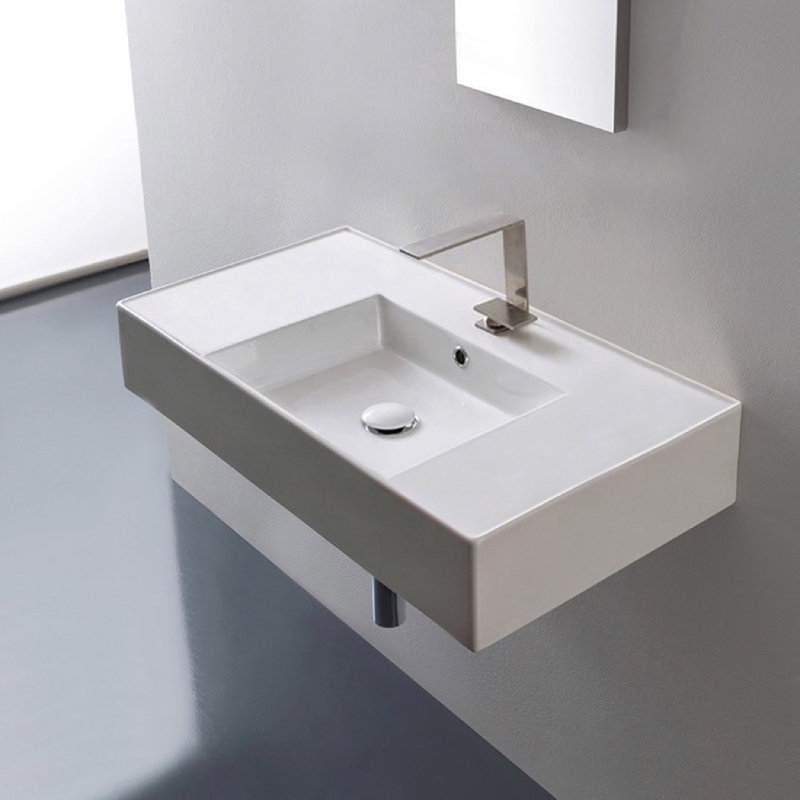 Glossy White Ceramic Rectangular Wall-Mount Bathroom Sink