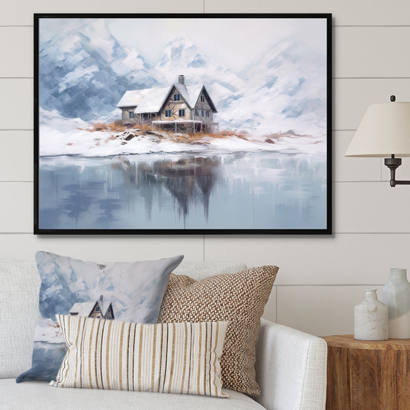 «White and beige Cozy Snow Cabin», reproduction sur toile, H 16 po x l 32 po x P 1 po, Cadre flottant noir