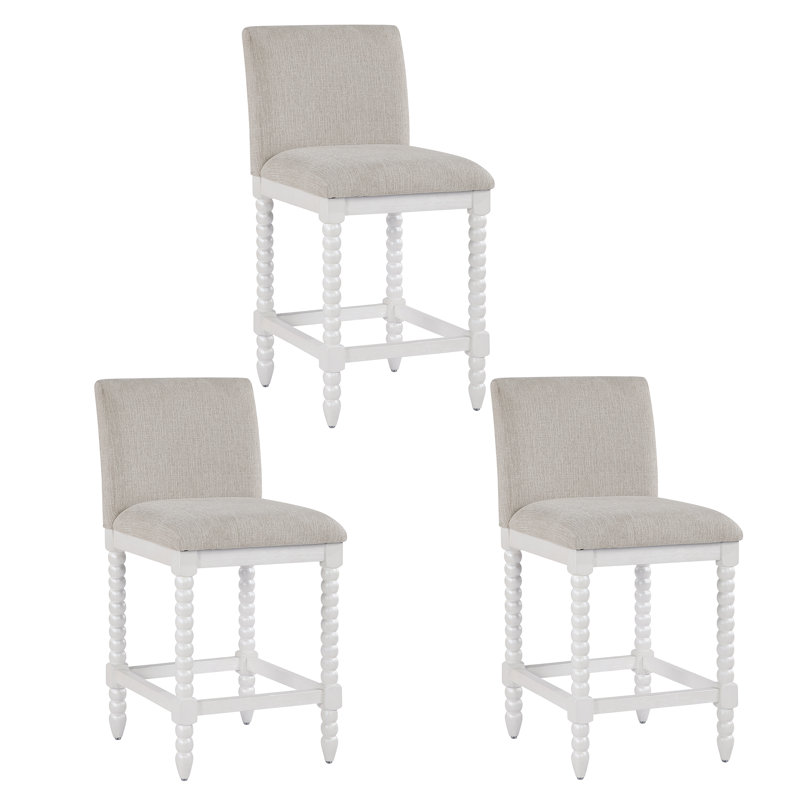 Tamami 26" High Modern Farmhouse Turned Leg Beaded Counter Stool, Beige, White, 3